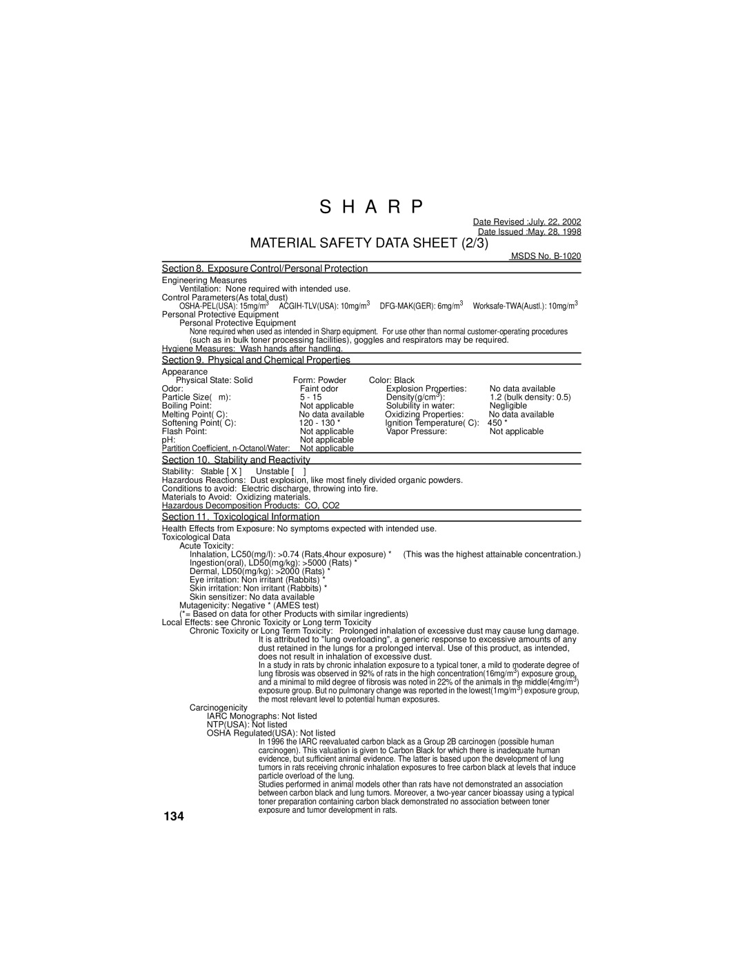 Sharp FO-4450 operation manual Material Safety Data Sheet 2/3, 134 