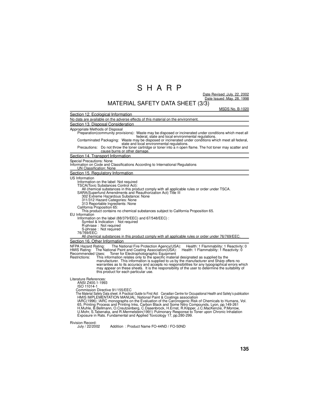 Sharp FO-4450 operation manual Material Safety Data Sheet 3/3, 135 