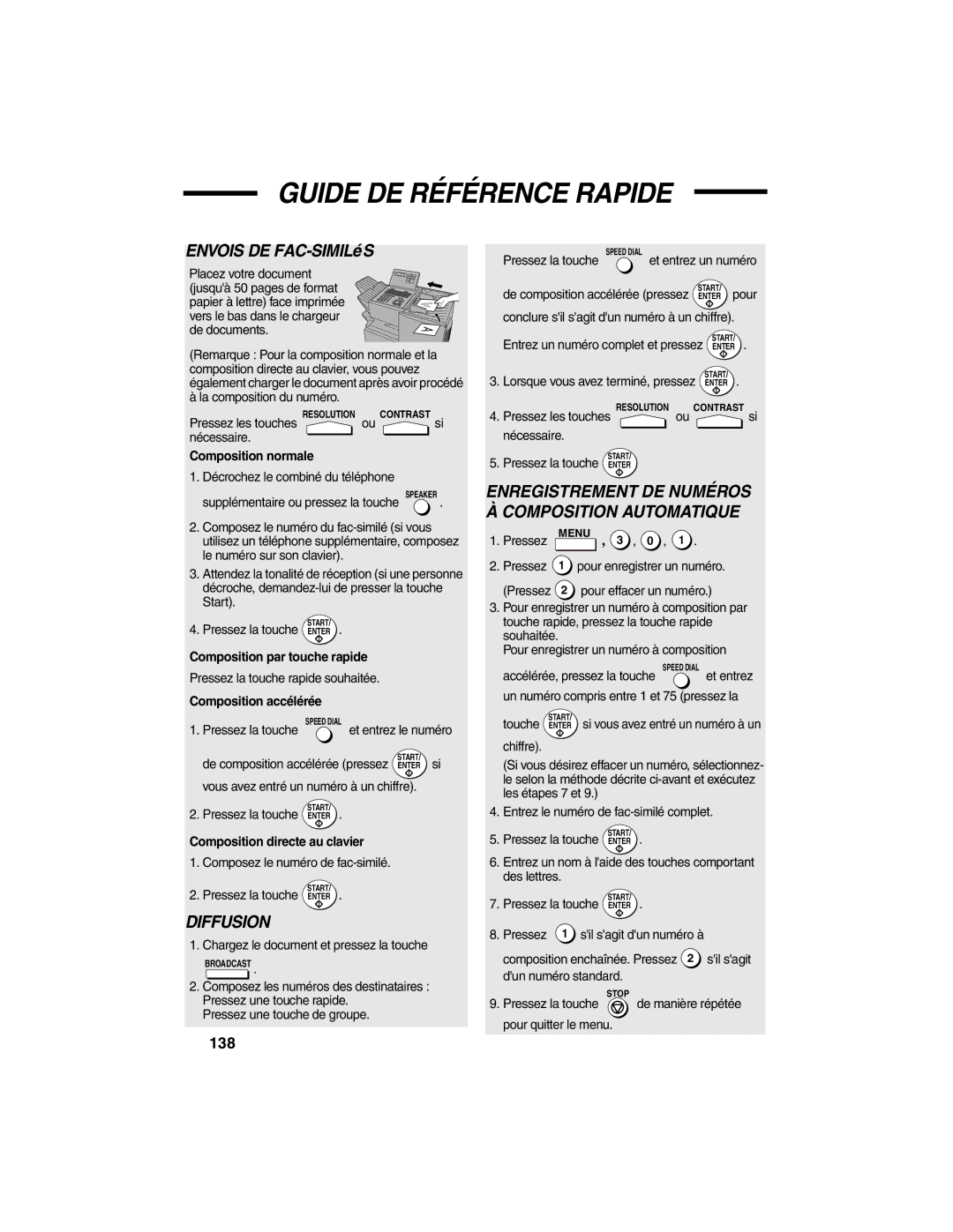 Sharp FO-4450 operation manual Guide DE Référence Rapide, 138 