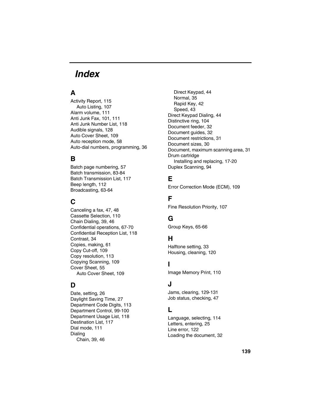 Sharp FO-4450 operation manual Index, 139 