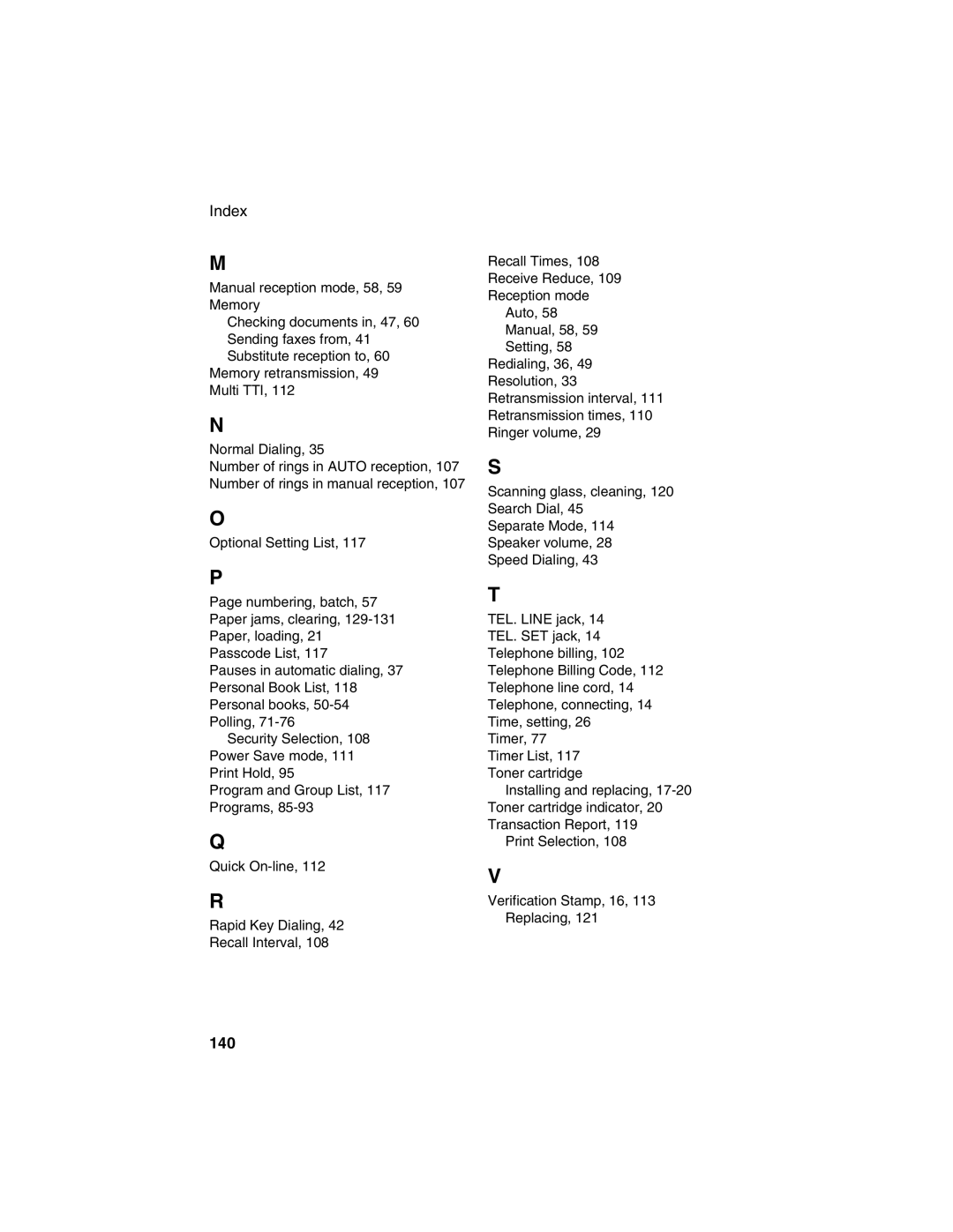 Sharp FO-4450 operation manual Index, 140 