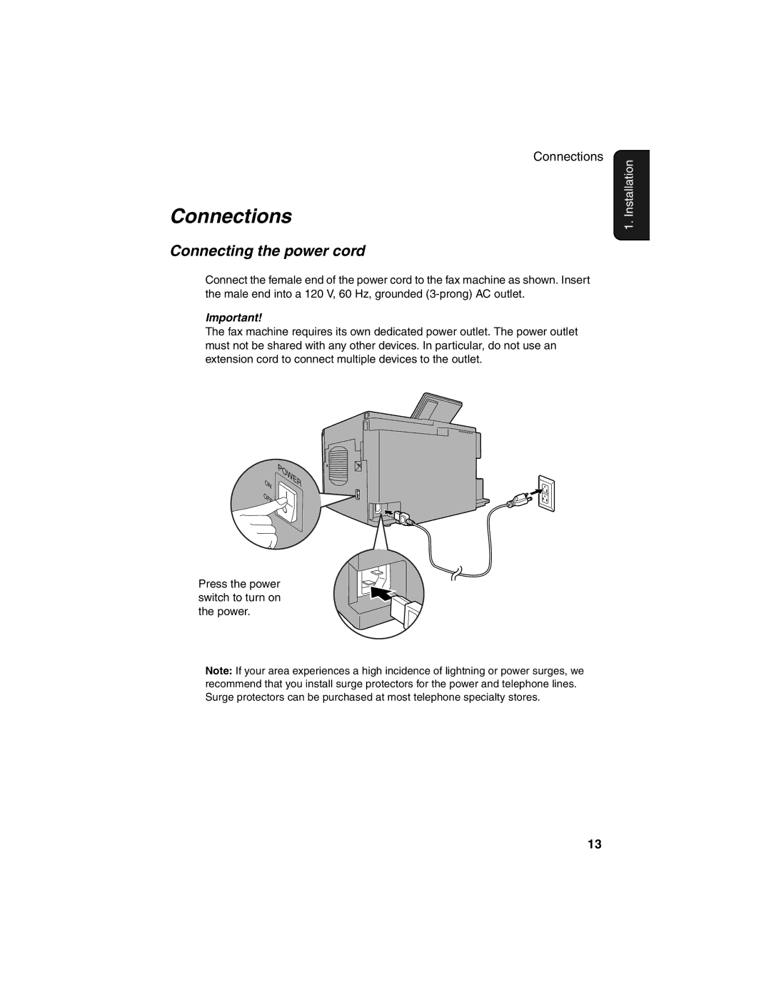 Sharp FO-4450 operation manual Connections, Connecting the power cord 