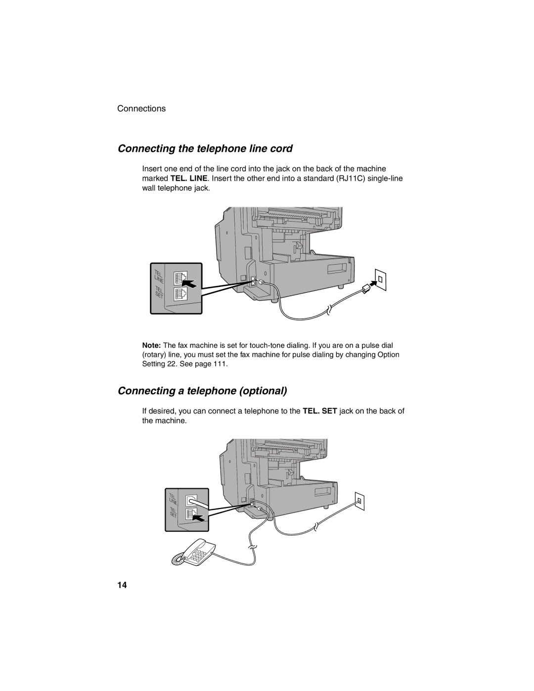 Sharp FO-4450 operation manual Connecting the telephone line cord, Connecting a telephone optional 