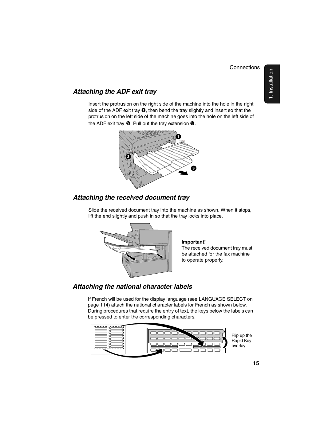 Sharp FO-4450 Attaching the ADF exit tray, Attaching the received document tray, Attaching the national character labels 