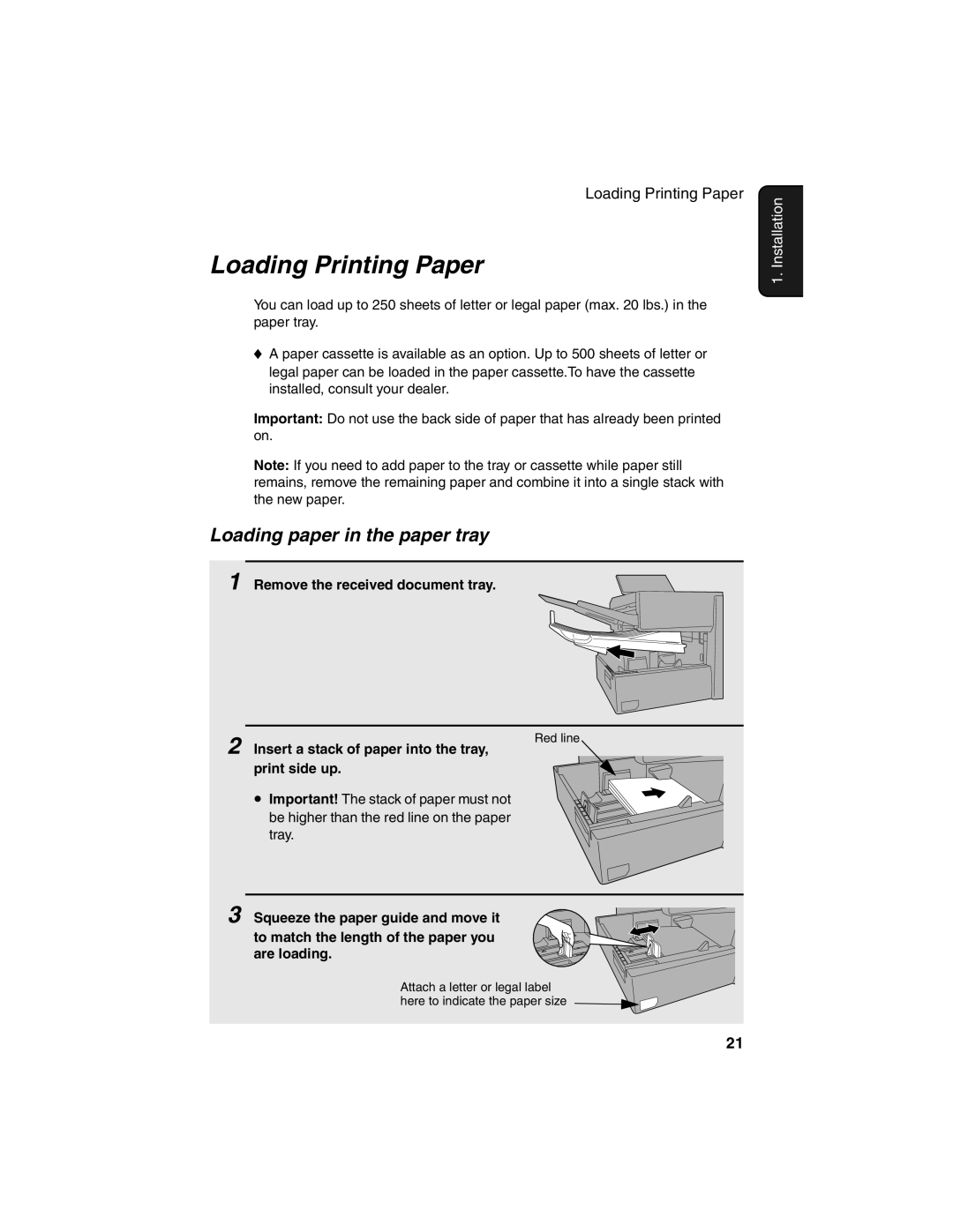 Sharp FO-4450 operation manual Loading Printing Paper, Loading paper in the paper tray, Remove the received document tray 