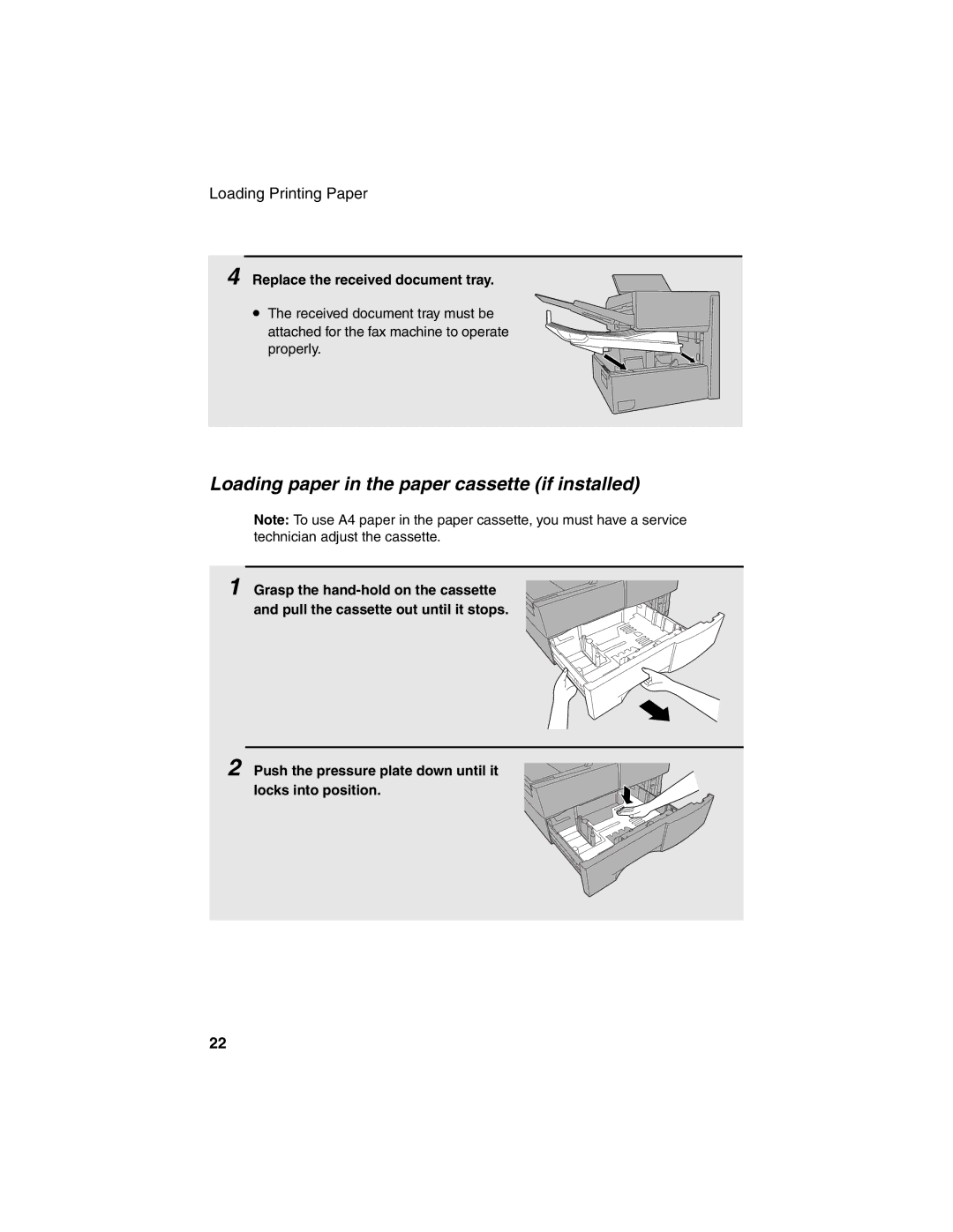 Sharp FO-4450 operation manual Loading paper in the paper cassette if installed, Replace the received document tray 