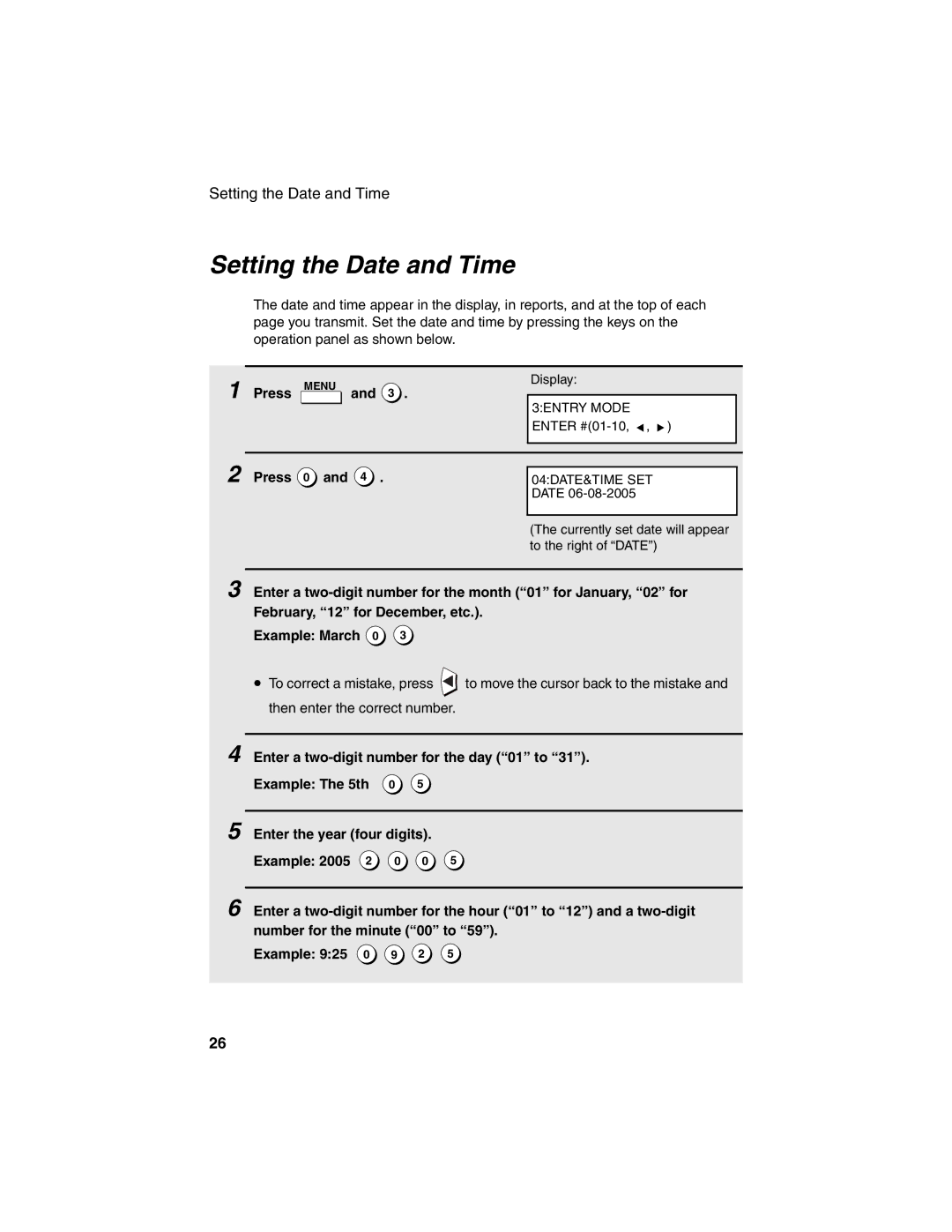 Sharp FO-4450 operation manual Setting the Date and Time 