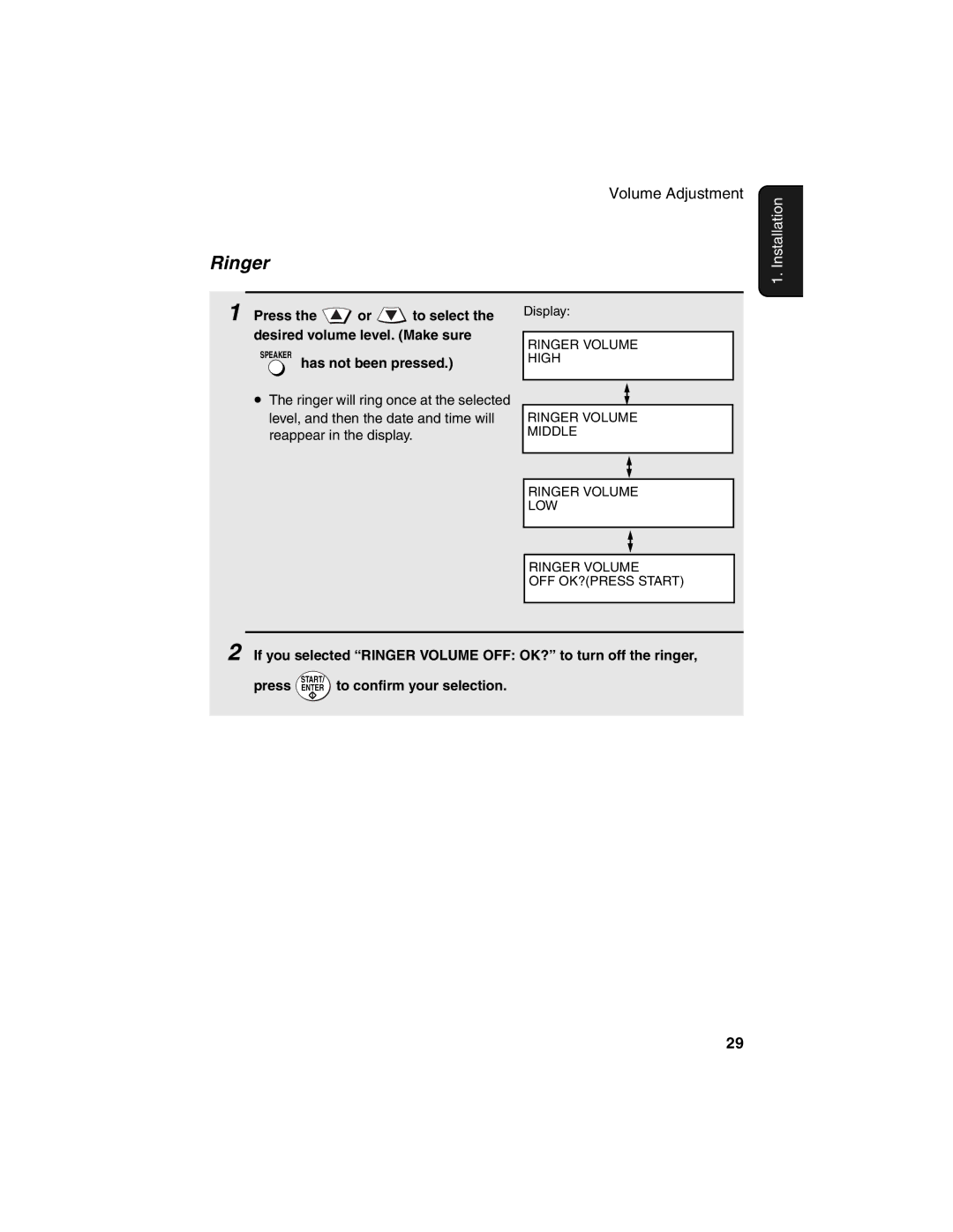 Sharp FO-4450 operation manual Ringer, Press the or to select the desired volume level. Make sure, Has not been pressed 