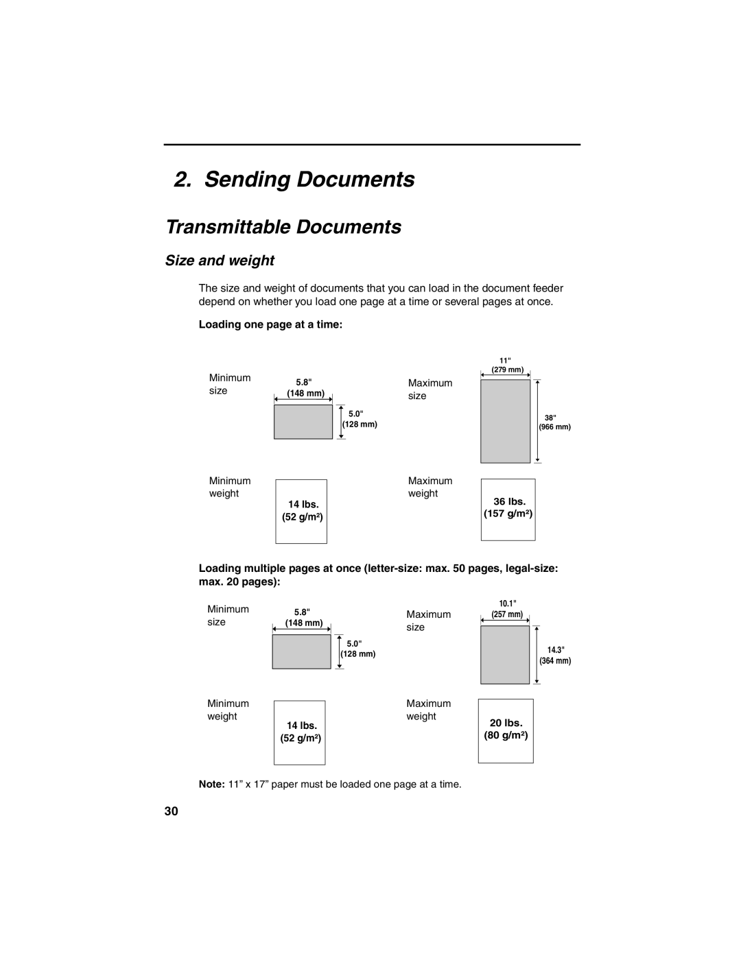 Sharp FO-4450 operation manual Sending Documents, Transmittable Documents, Size and weight, Loading one page at a time 