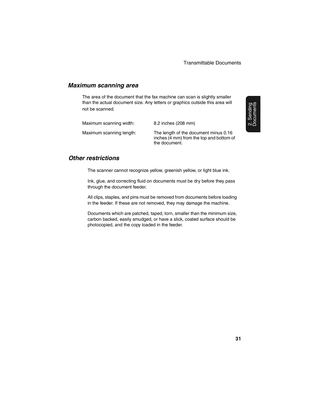 Sharp FO-4450 operation manual Maximum scanning area, Other restrictions 