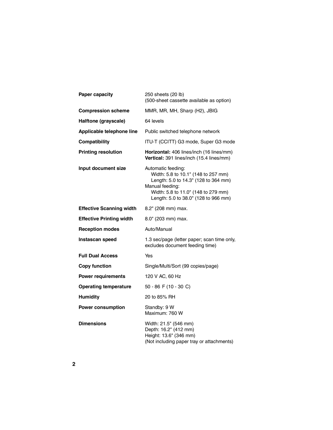 Sharp FO-4450 Paper capacity, Compression scheme, Halftone grayscale, Applicable telephone line, Compatibility, Humidity 