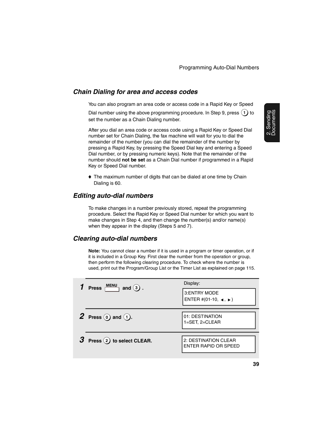 Sharp FO-4450 Chain Dialing for area and access codes, Editing auto-dial numbers, Clearing auto-dial numbers 