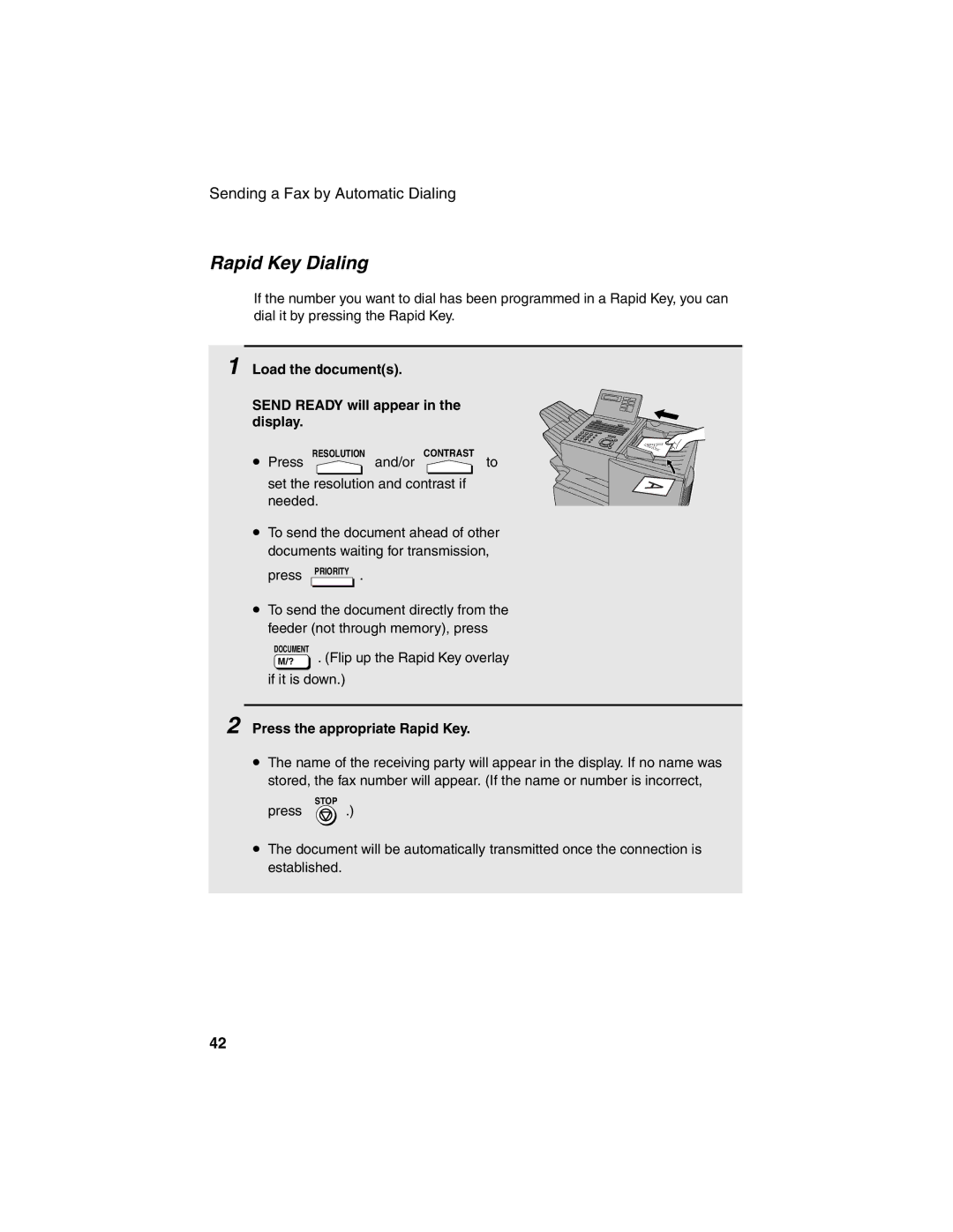 Sharp FO-4450 Rapid Key Dialing, Load the documents Send Ready will appear in the display, Press the appropriate Rapid Key 