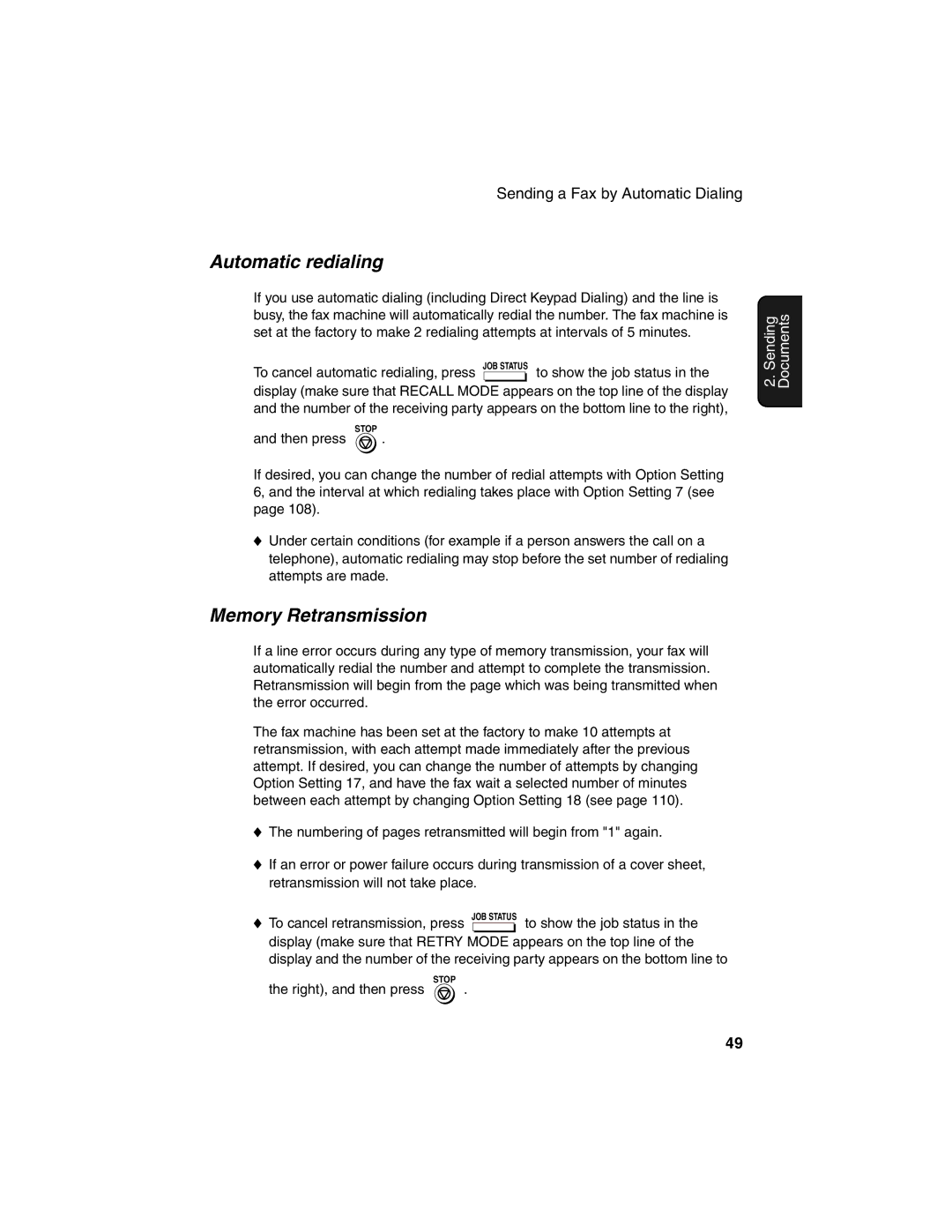 Sharp FO-4450 operation manual Automatic redialing, Memory Retransmission 