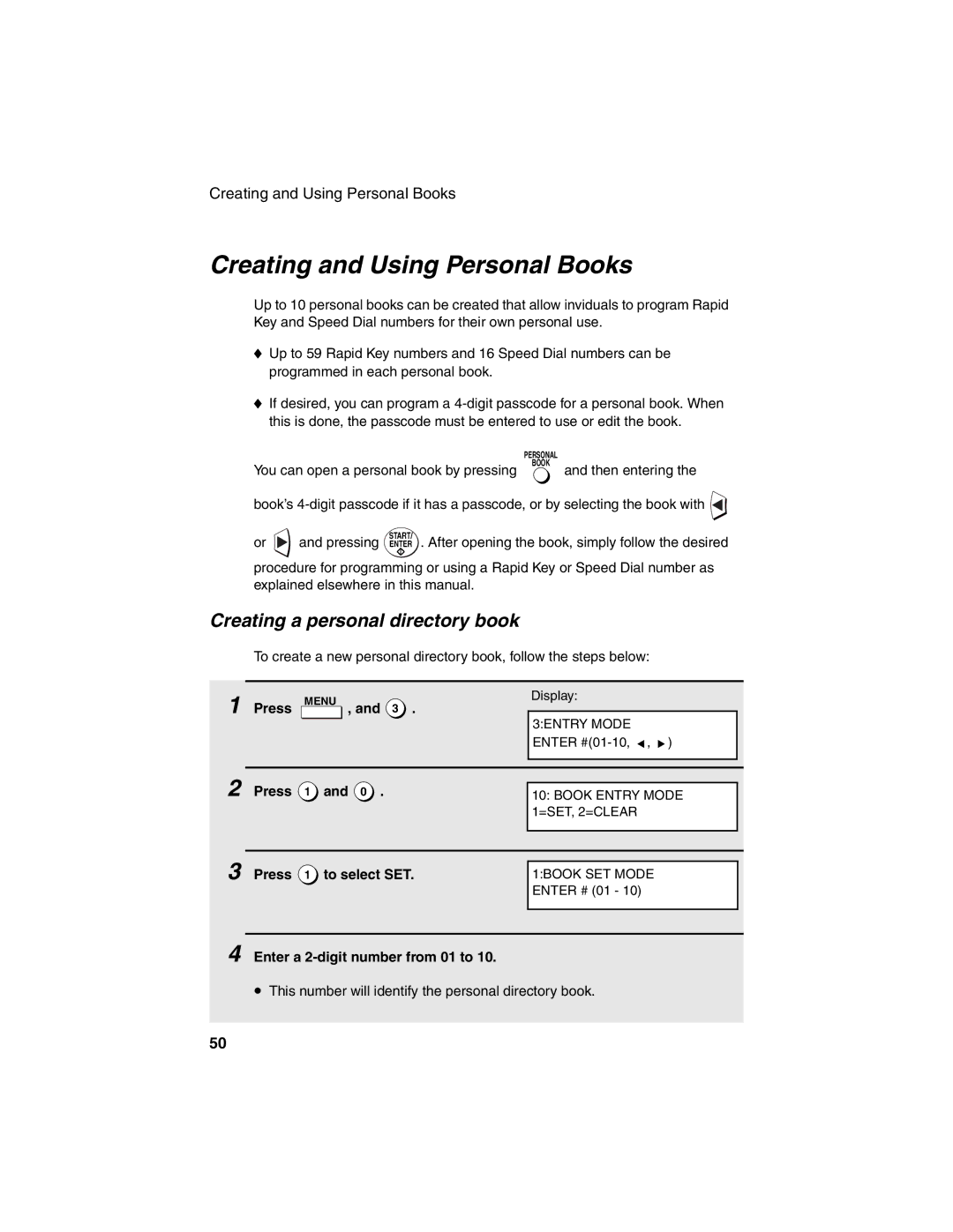 Sharp FO-4450 Creating and Using Personal Books, Creating a personal directory book, Press 1 to select SET 