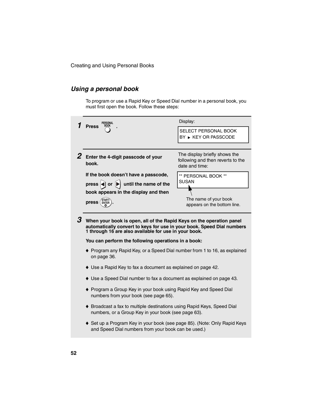 Sharp FO-4450 operation manual Using a personal book, Press Book 