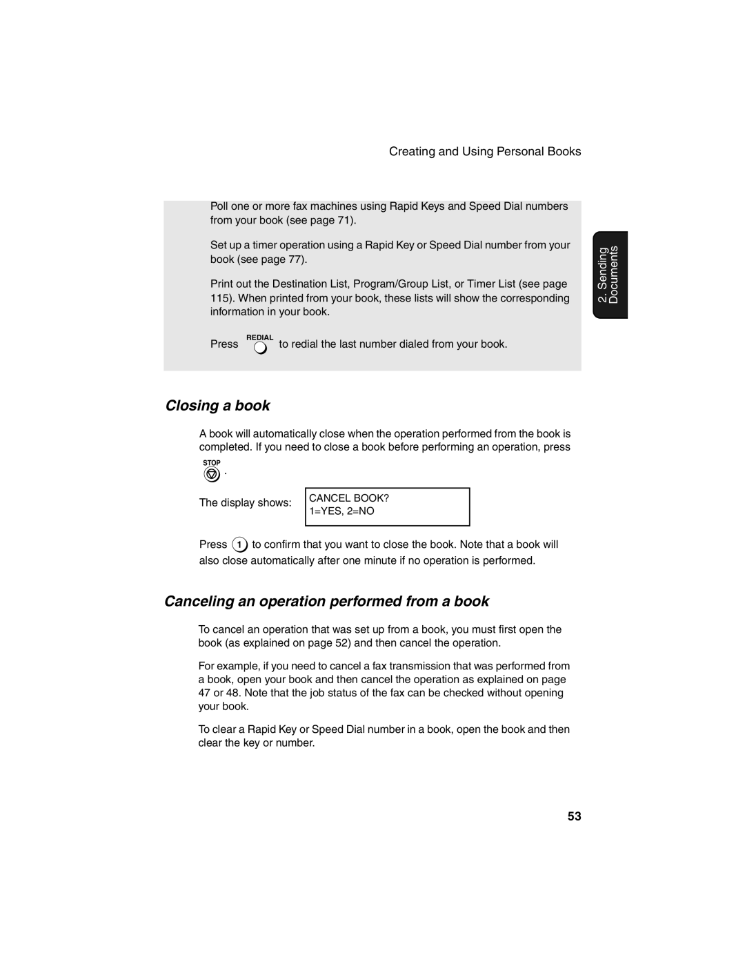 Sharp FO-4450 operation manual Closing a book, Canceling an operation performed from a book 