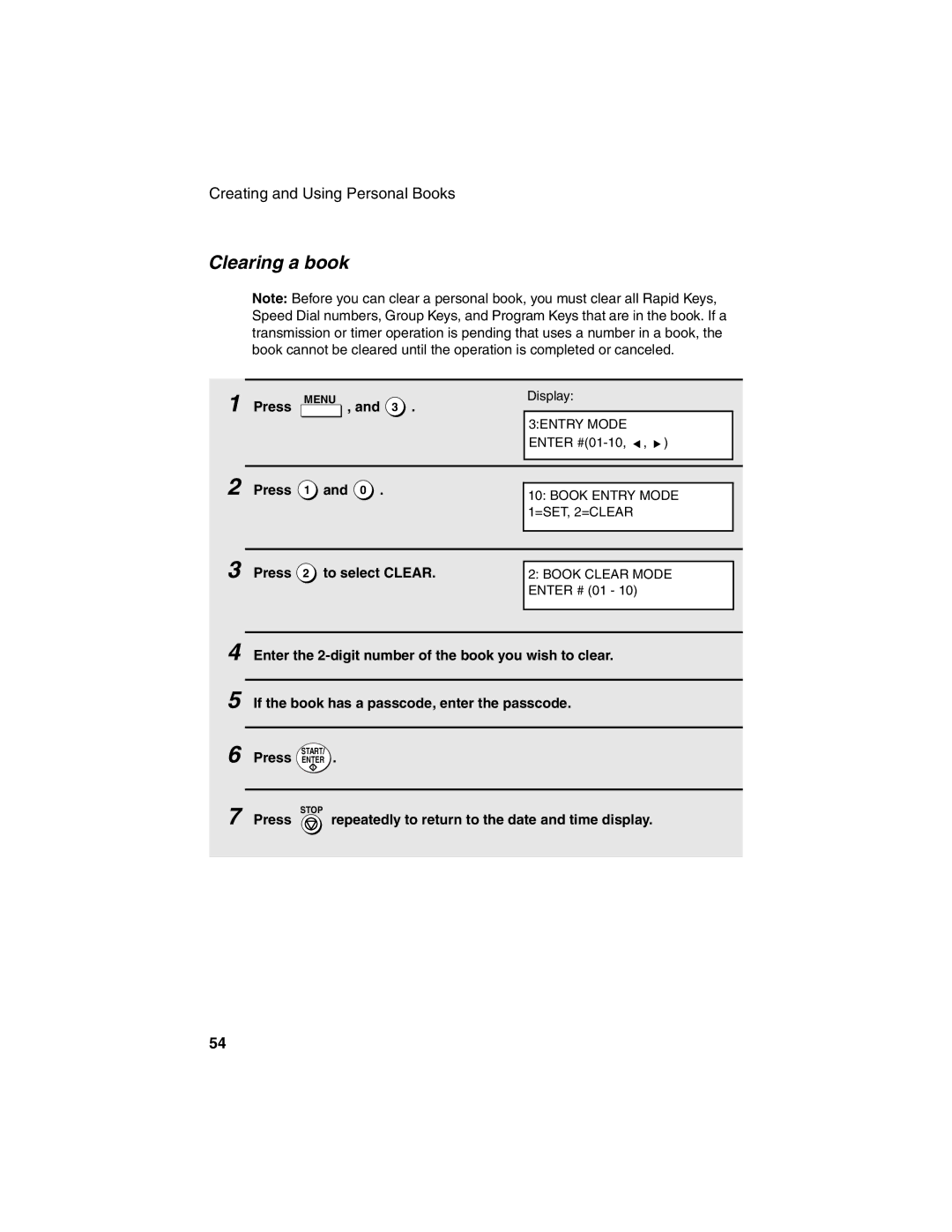 Sharp FO-4450 Clearing a book, Press 2 to select Clear, Press repeatedly to return to the date and time display 