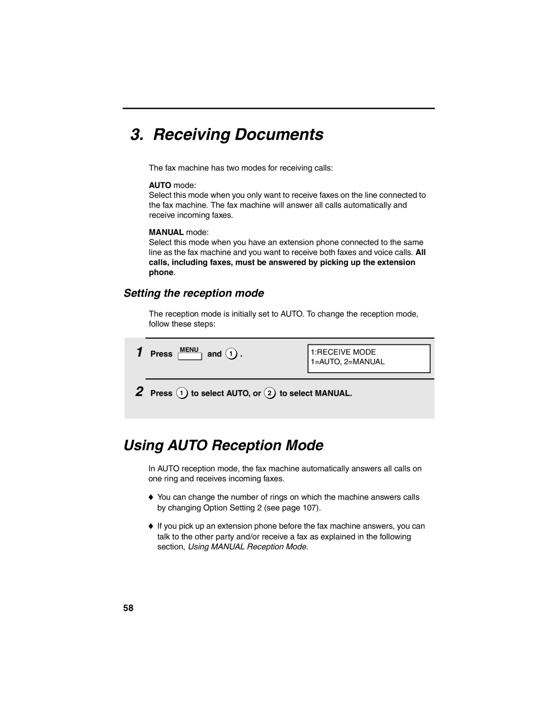 Sharp FO-4450 operation manual Receiving Documents, Using Auto Reception Mode, Setting the reception mode 