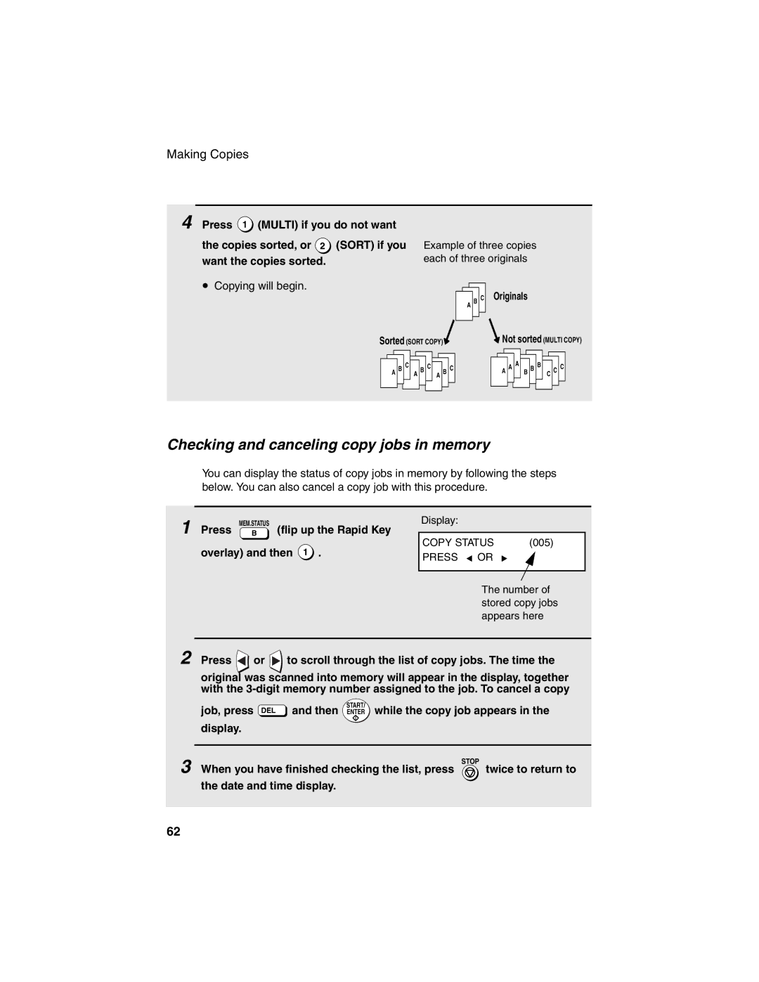 Sharp FO-4450 operation manual Checking and canceling copy jobs in memory, Want the copies sorted, Copying will begin 