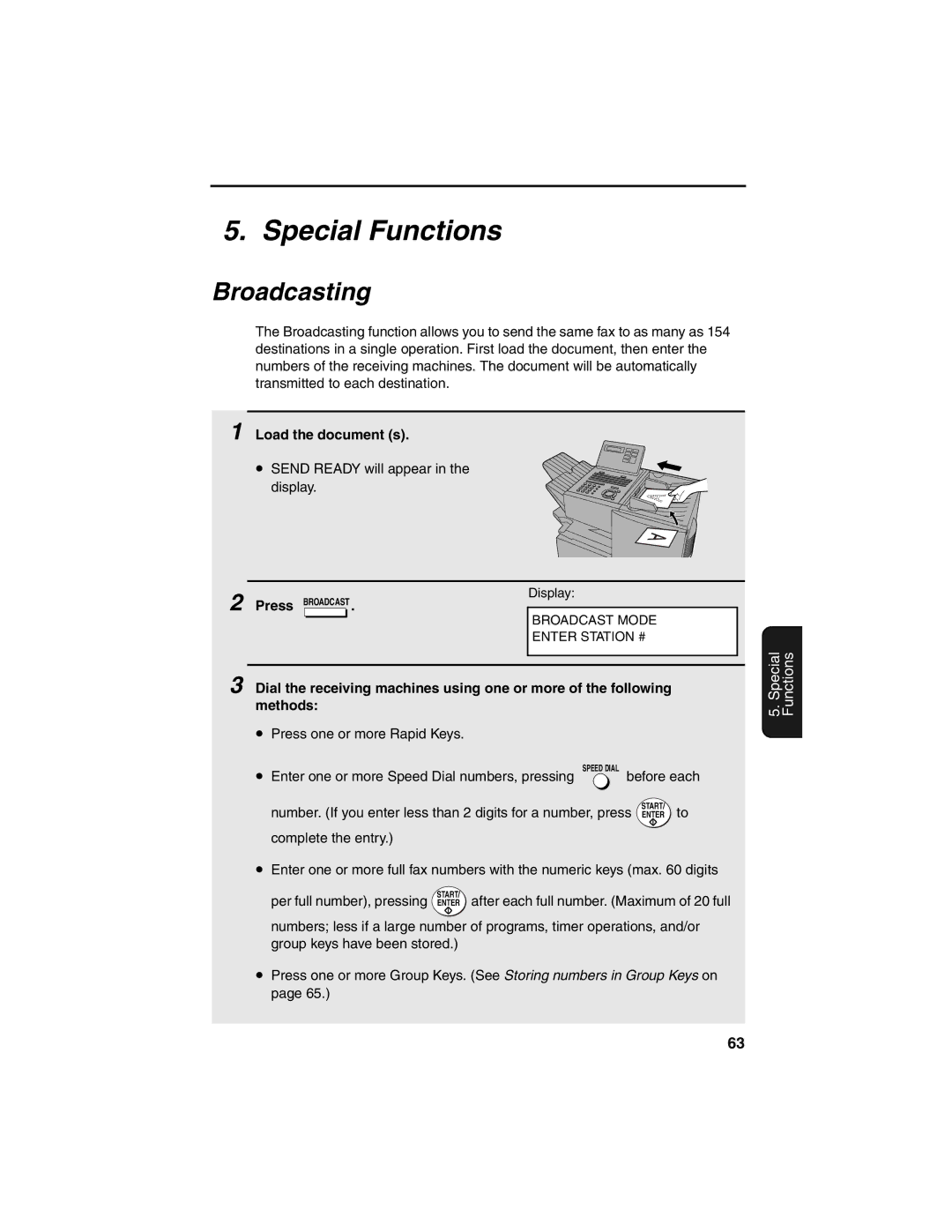 Sharp FO-4450 operation manual Special Functions, Broadcasting, Load the document s 