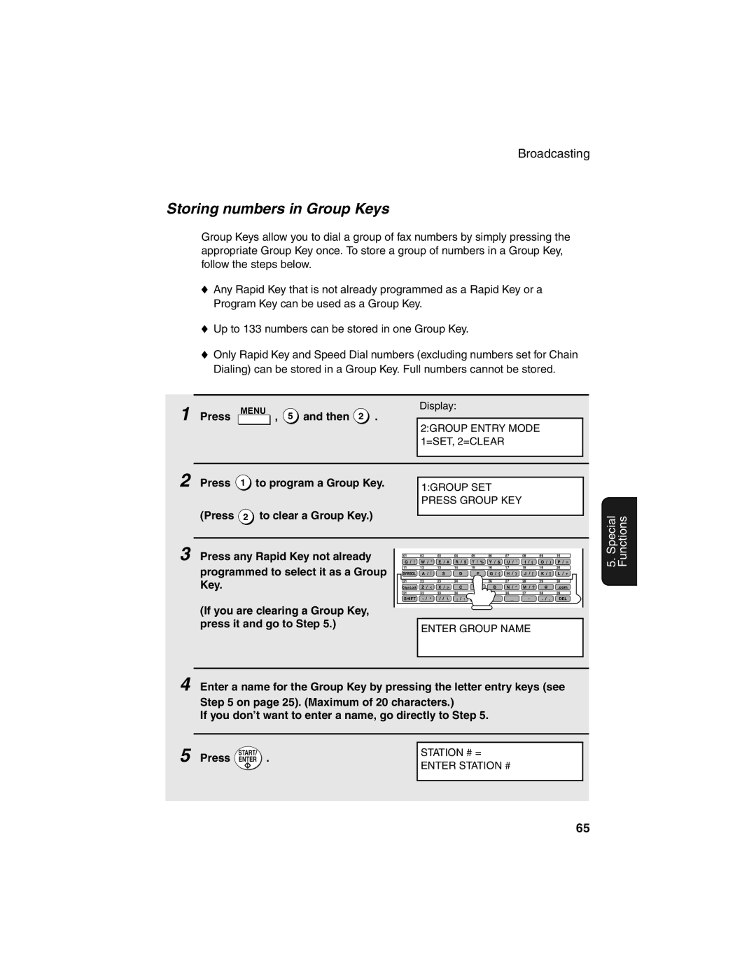 Sharp FO-4450 operation manual Storing numbers in Group Keys, Press Menu , 5 and then, Press To program a Group Key 