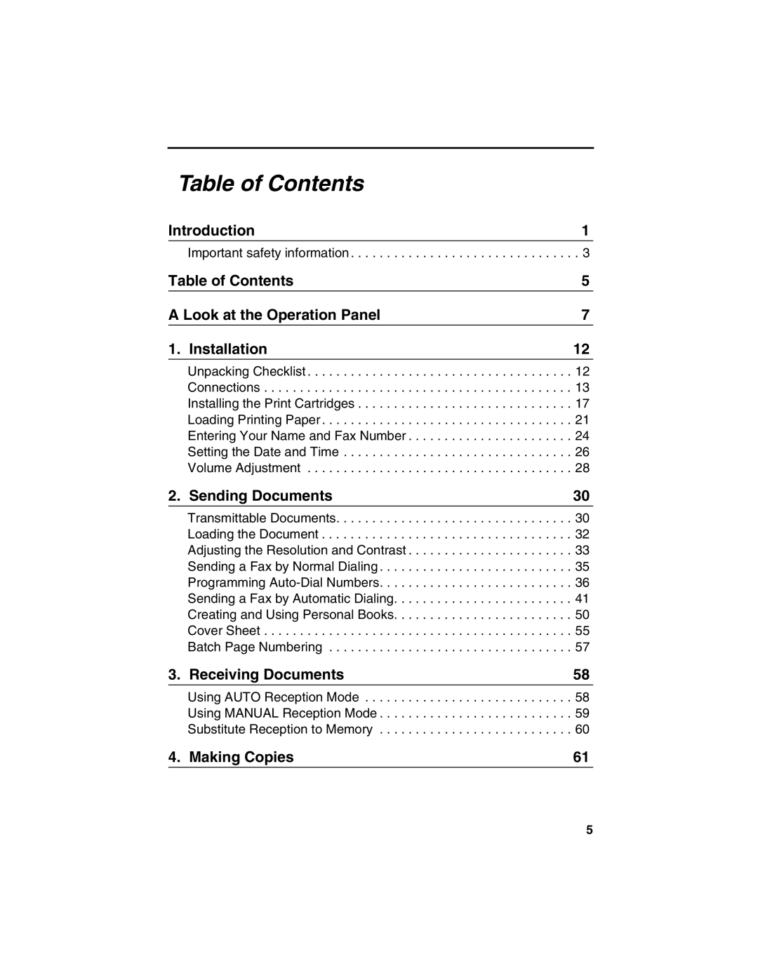 Sharp FO-4450 operation manual Table of Contents 