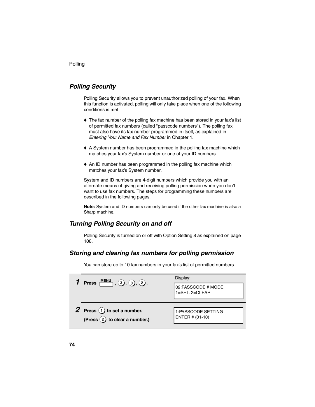 Sharp FO-4450 Turning Polling Security on and off, Storing and clearing fax numbers for polling permission 