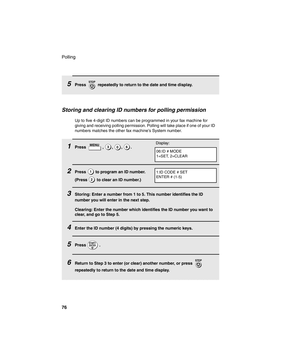 Sharp FO-4450 operation manual Storing and clearing ID numbers for polling permission 