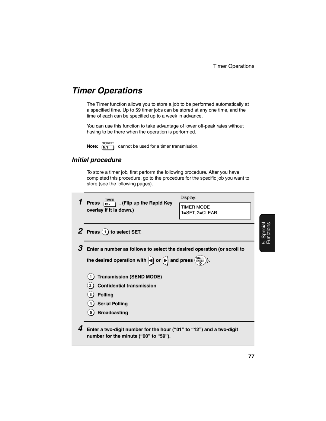 Sharp FO-4450 operation manual Timer Operations, Initial procedure 