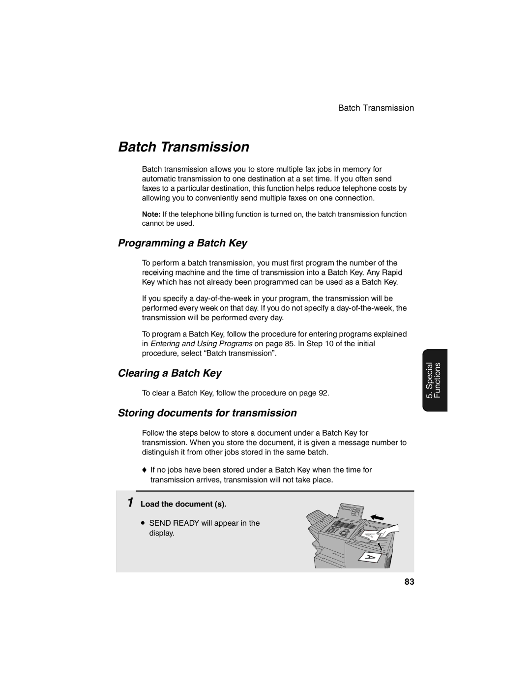 Sharp FO-4450 Batch Transmission, Programming a Batch Key, Clearing a Batch Key, Storing documents for transmission 