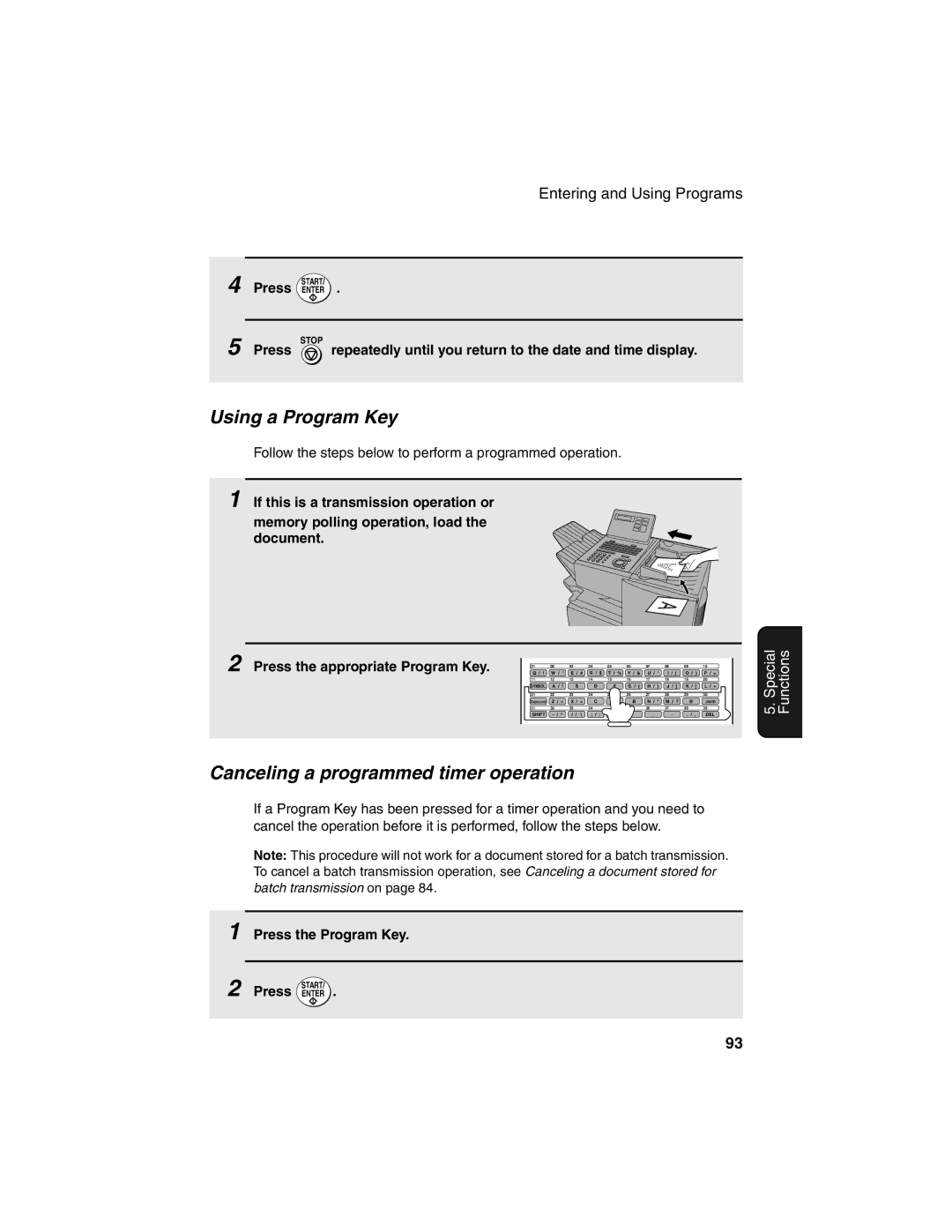 Sharp FO-4450 operation manual Using a Program Key, Canceling a programmed timer operation, Press the Program Key 