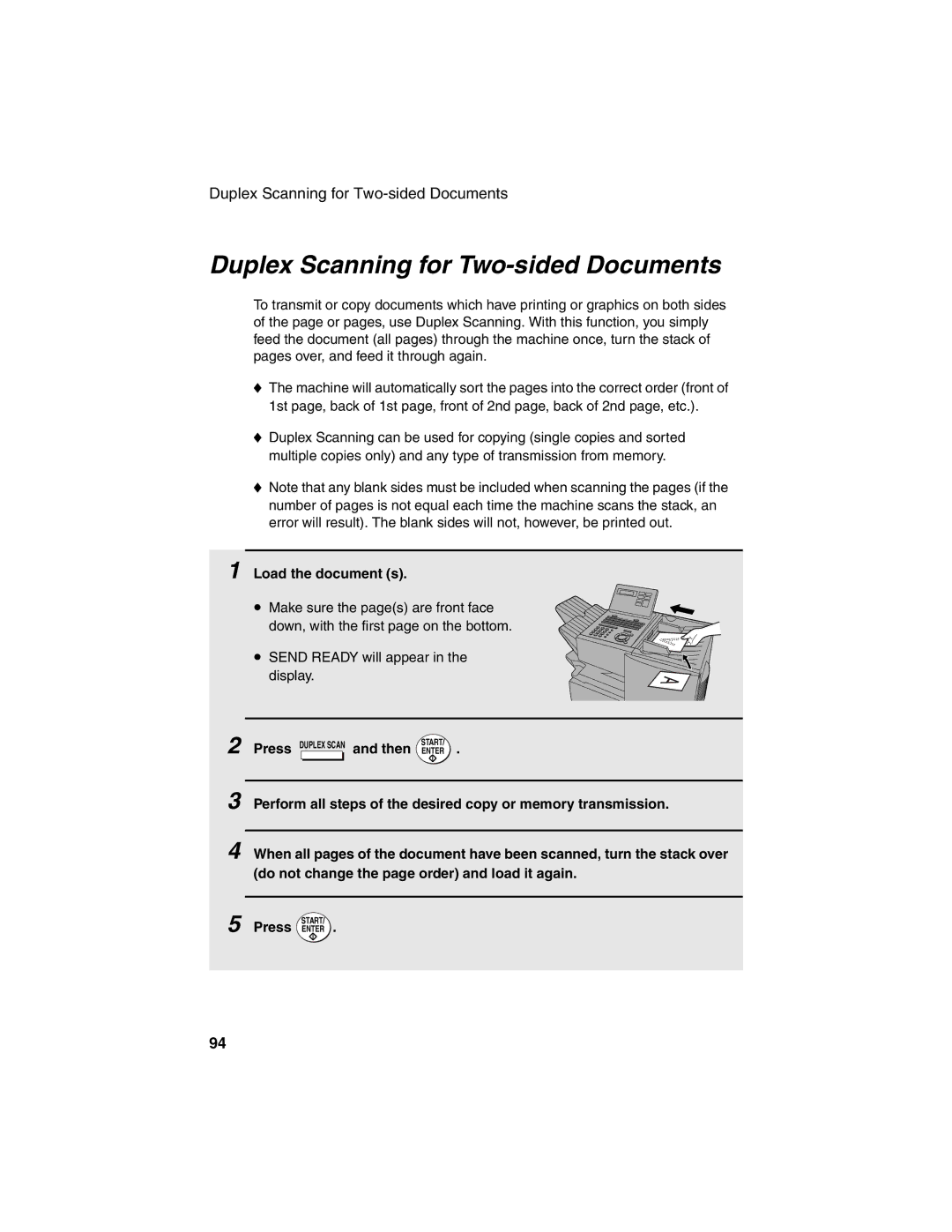 Sharp FO-4450 operation manual Duplex Scanning for Two-sided Documents, Load the document s 