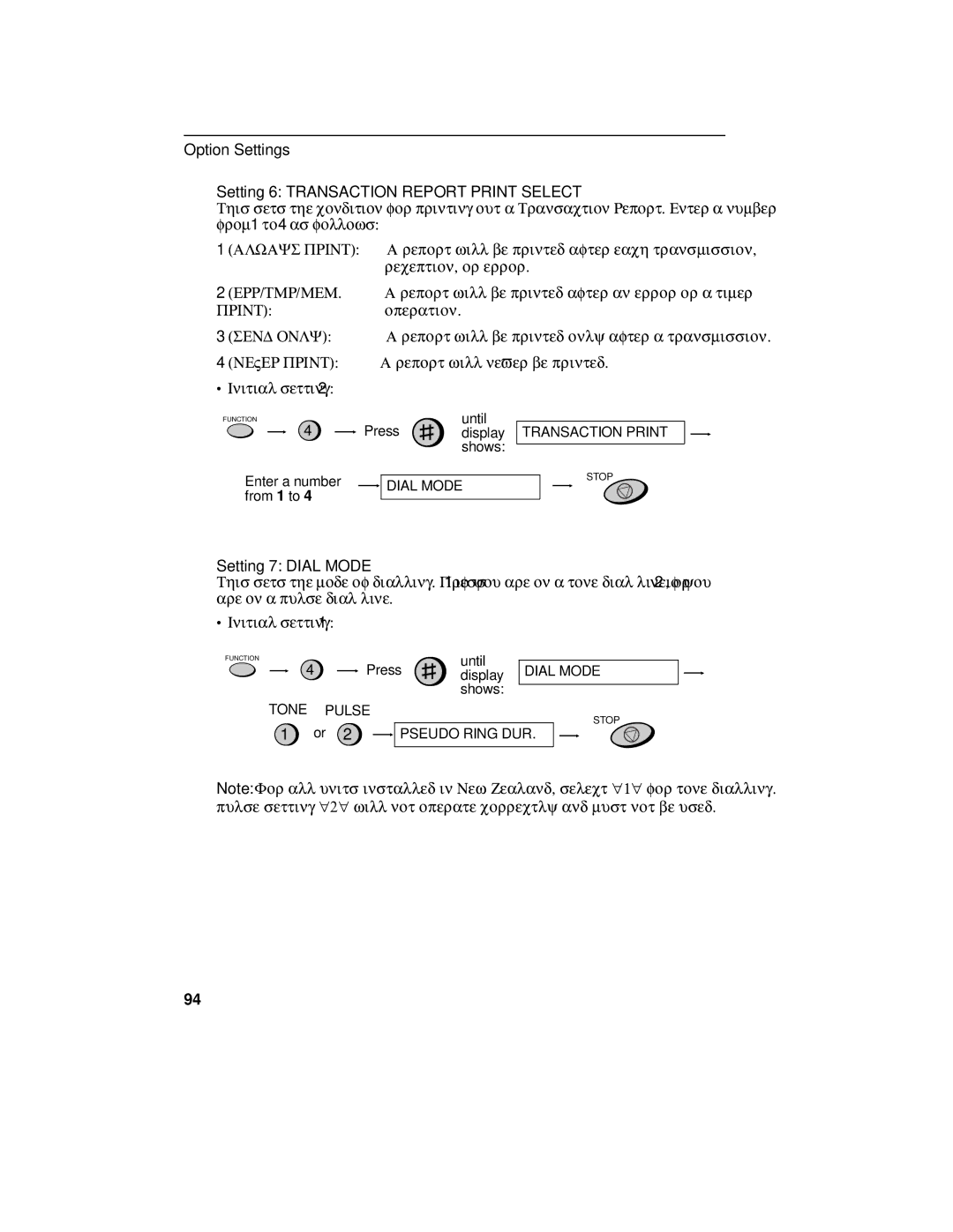 Sharp FO-475 operation manual Setting 6 Transaction Report Print Select, Setting 7 Dial Mode 