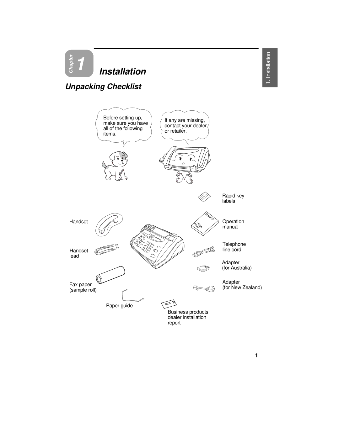 Sharp FO-475 operation manual Installation, Unpacking Checklist 