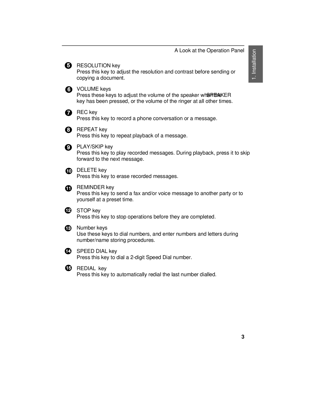 Sharp FO-475 Resolution key, Volume keys, REC key, Repeat key, PLAY/SKIP key, Delete key, Reminder key, Stop key 