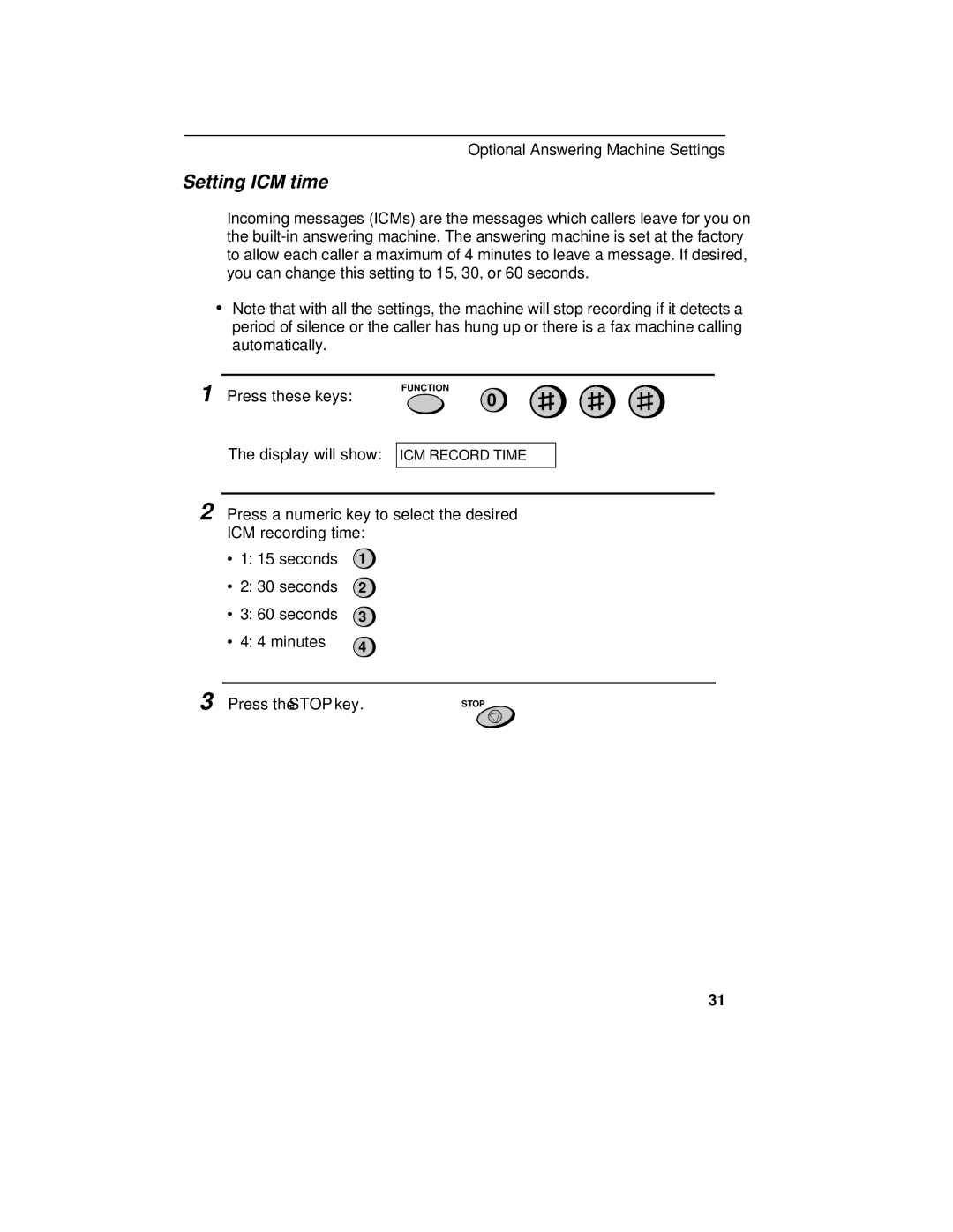 Sharp FO-475 operation manual Setting ICM time 