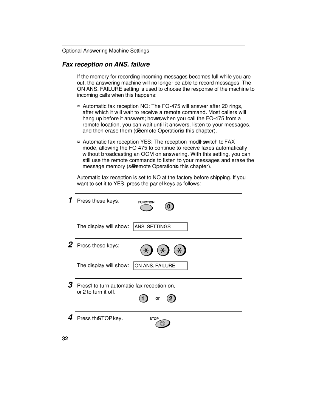 Sharp FO-475 operation manual Fax reception on ANS. failure 