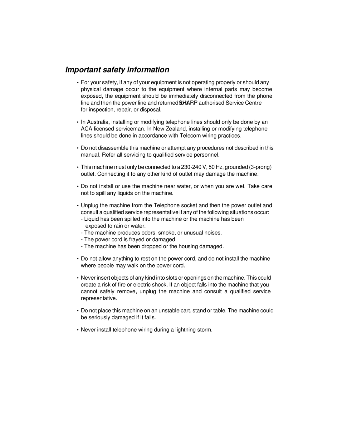 Sharp FO-475 operation manual Important safety information 