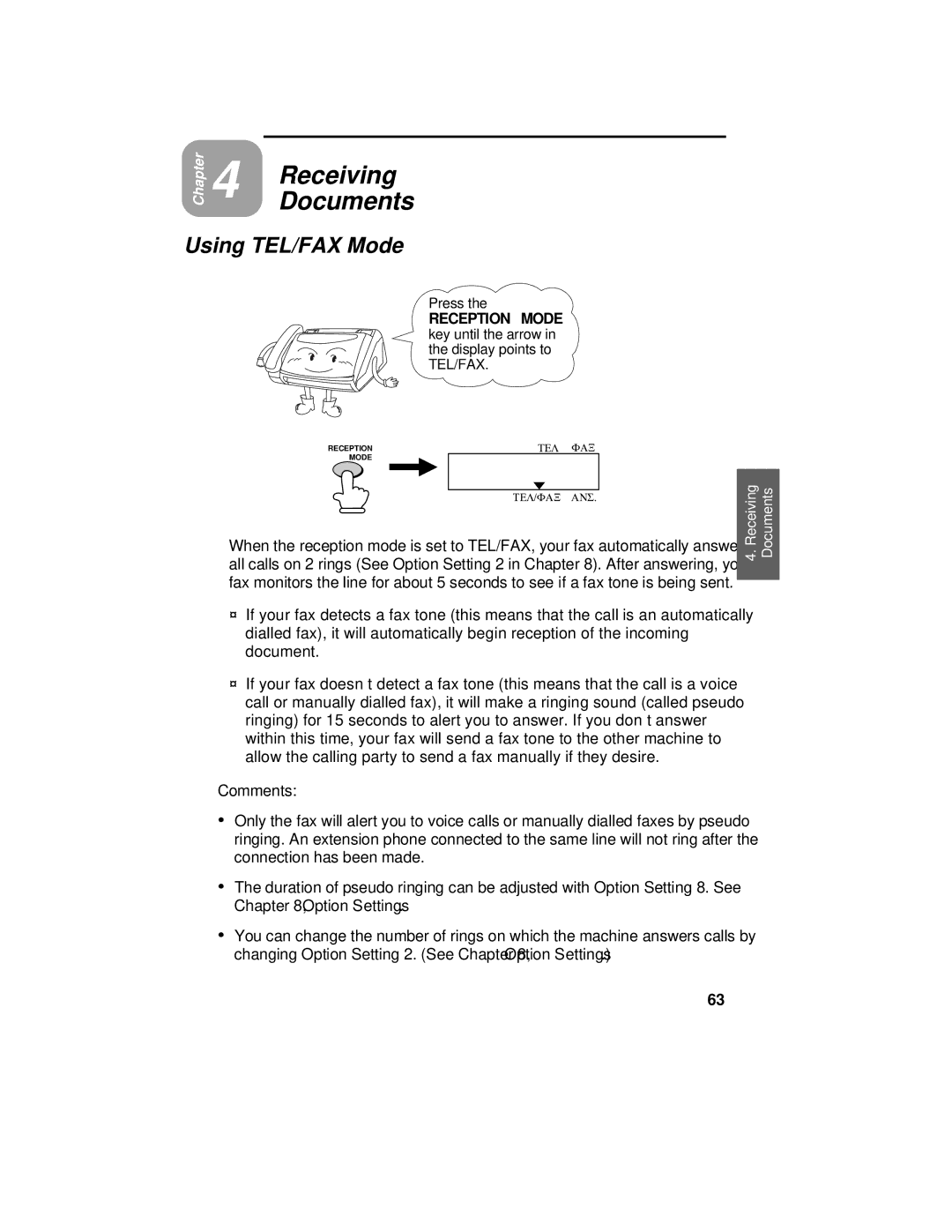 Sharp FO-475 operation manual Receiving Documents, Using TEL/FAX Mode 