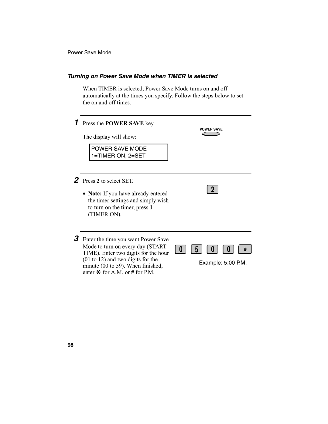 Sharp FO-4970, FO-4650 operation manual Turning on Power Save Mode when Timer is selected 