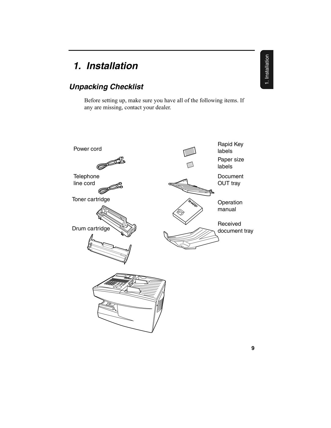 Sharp FO-4650, FO-4970 operation manual Installation, Unpacking Checklist 