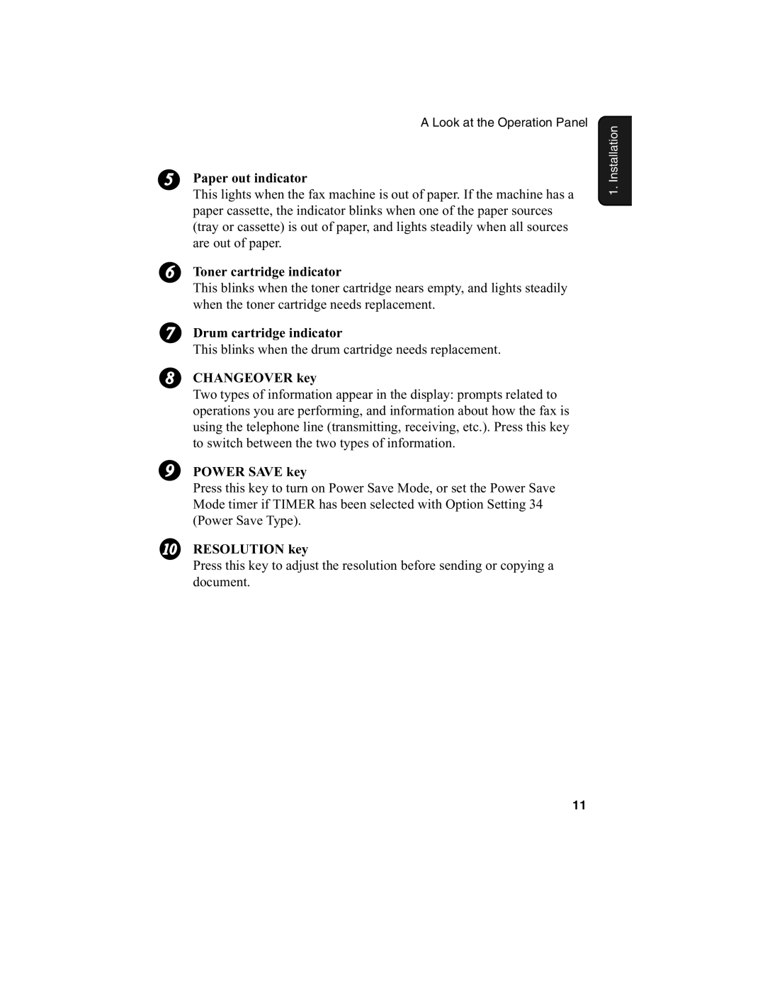 Sharp FO-4650 Paper out indicator, Toner cartridge indicator, Drum cartridge indicator, Changeover key, Power Save key 