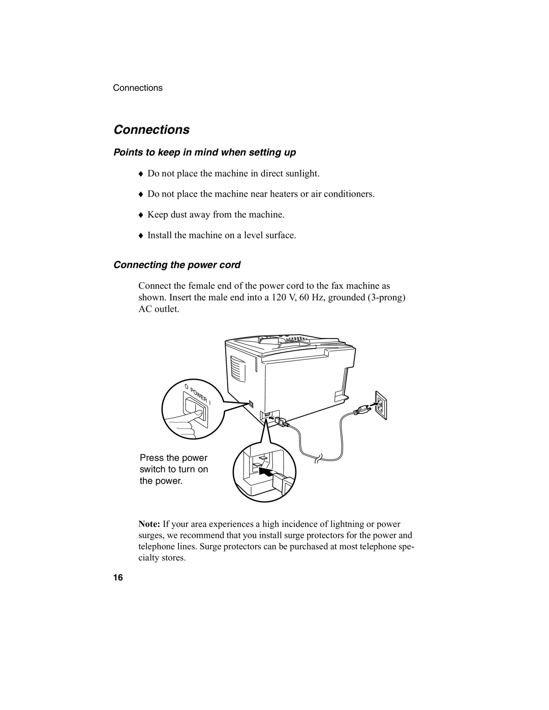 Sharp FO-4970, FO-4650 operation manual Connections, Points to keep in mind when setting up, Connecting the power cord 