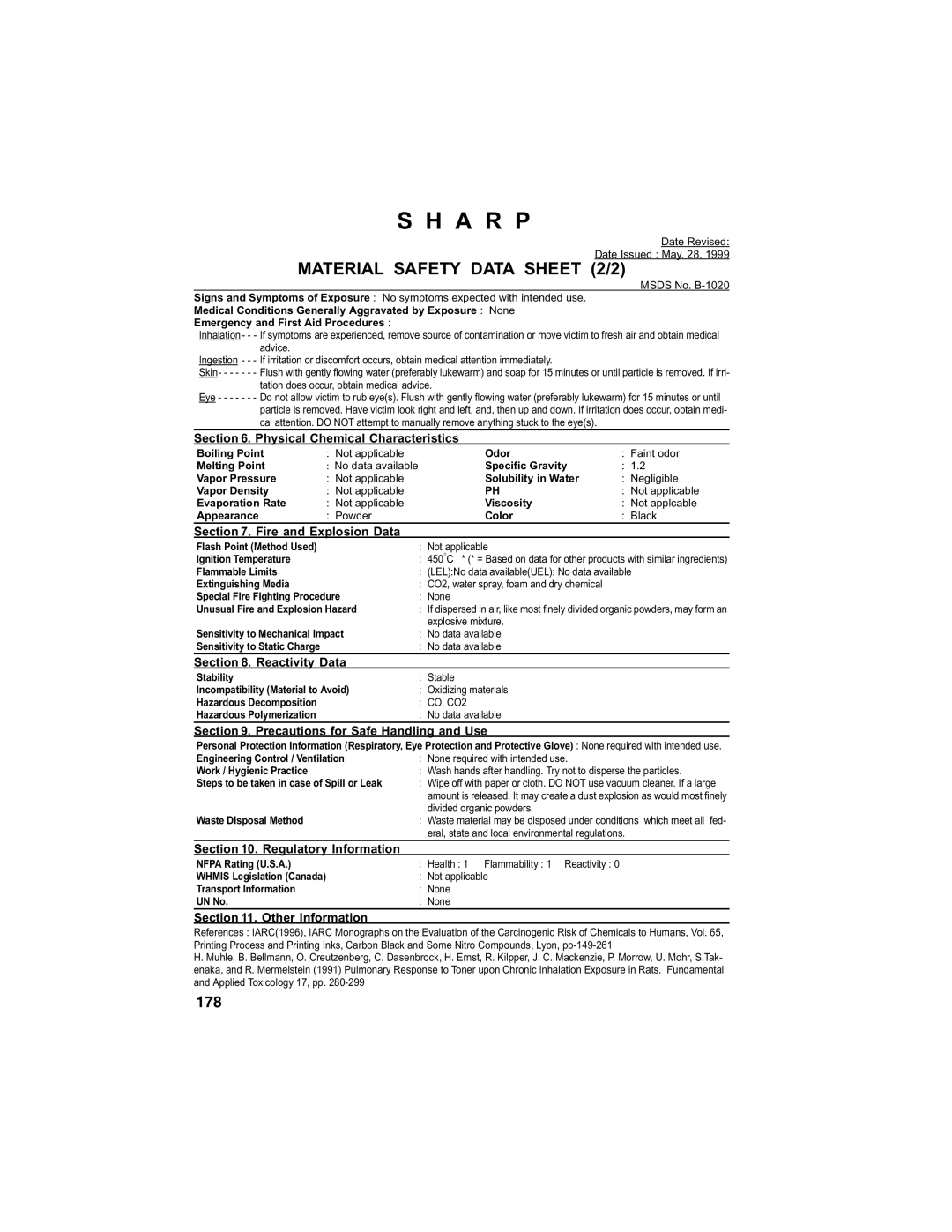 Sharp FO-4970, FO-4650 operation manual Material Safety Data Sheet 2/2 