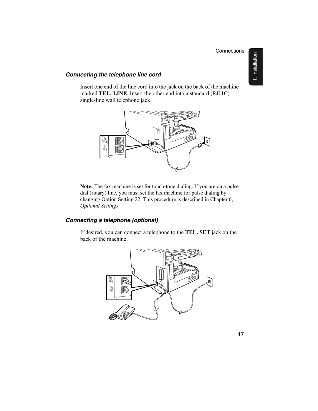 Sharp FO-4650, FO-4970 operation manual Connecting the telephone line cord, Connecting a telephone optional 