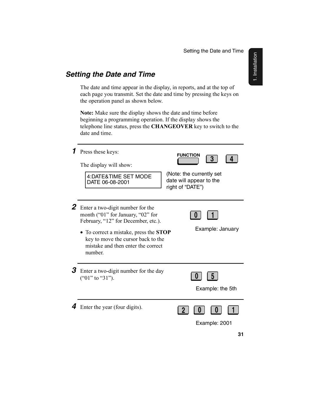 Sharp FO-4650, FO-4970 operation manual Setting the Date and Time, Enter the year four digits 