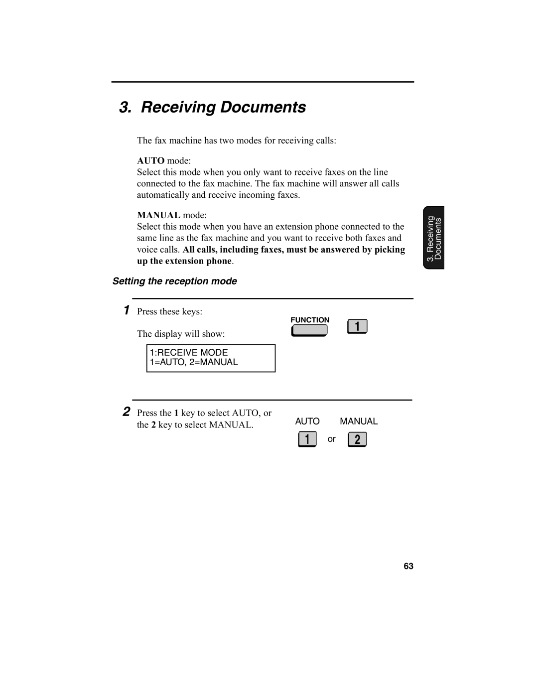 Sharp FO-4650, FO-4970 operation manual Auto mode, Manual mode, Setting the reception mode 