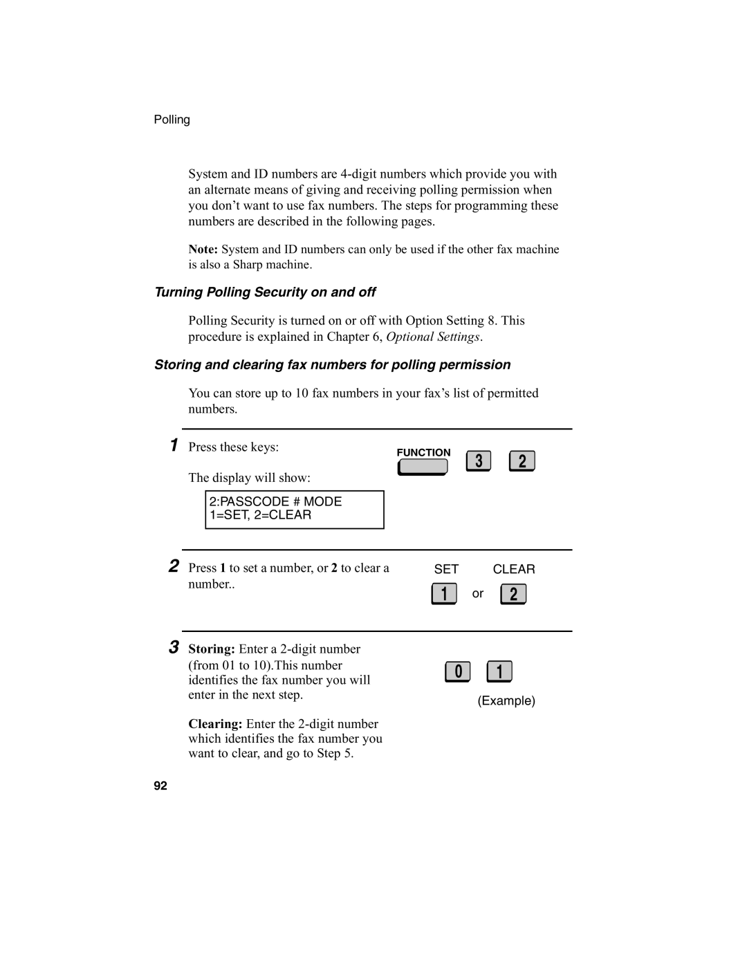 Sharp FO-4970, FO-4650 Turning Polling Security on and off, Storing and clearing fax numbers for polling permission 