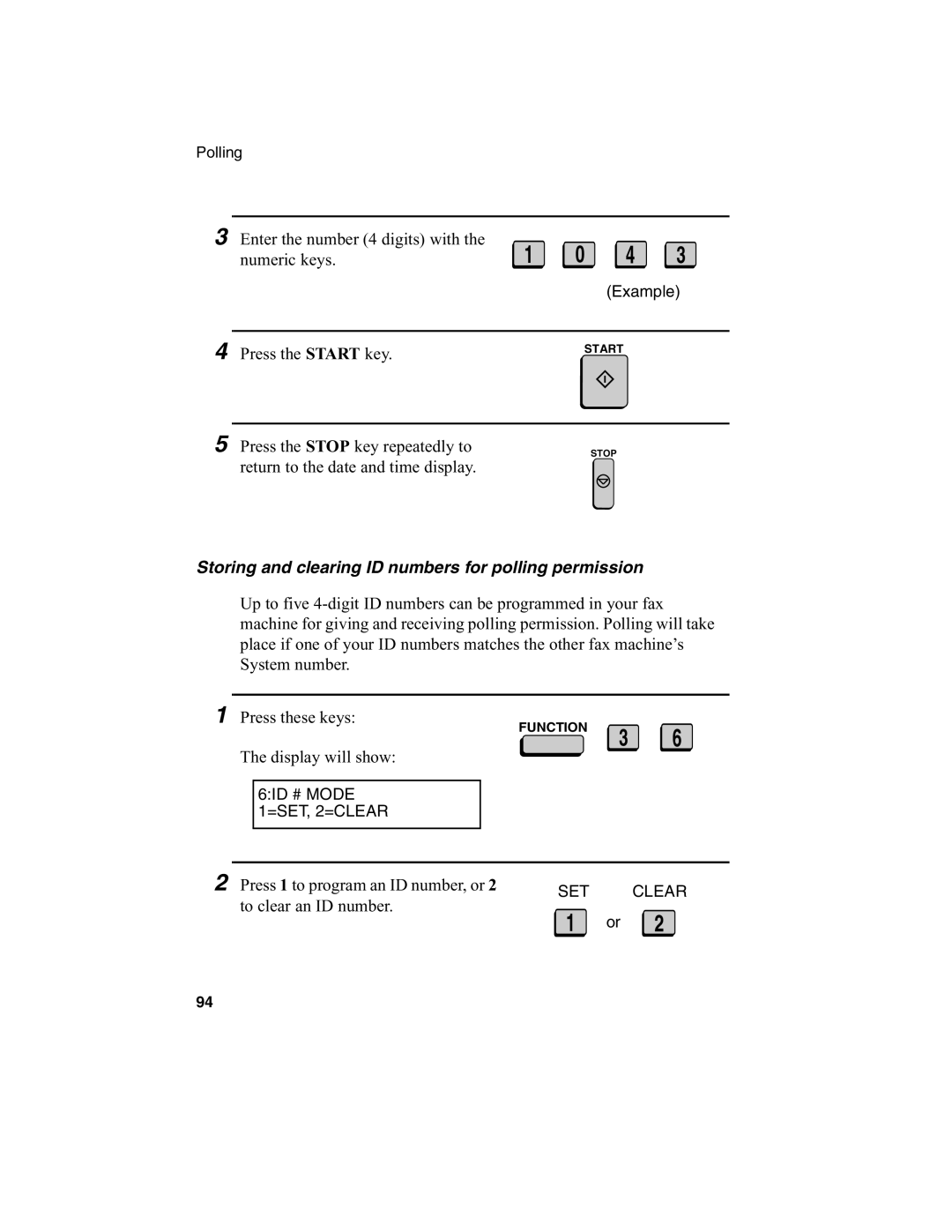 Sharp FO-4970, FO-4650 Enter the number 4 digits with Numeric keys, Storing and clearing ID numbers for polling permission 